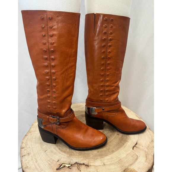 Donald J Pliner Leather Studded Boots - In Rust Capra Brown, Size 7M - Picture 1 of 13